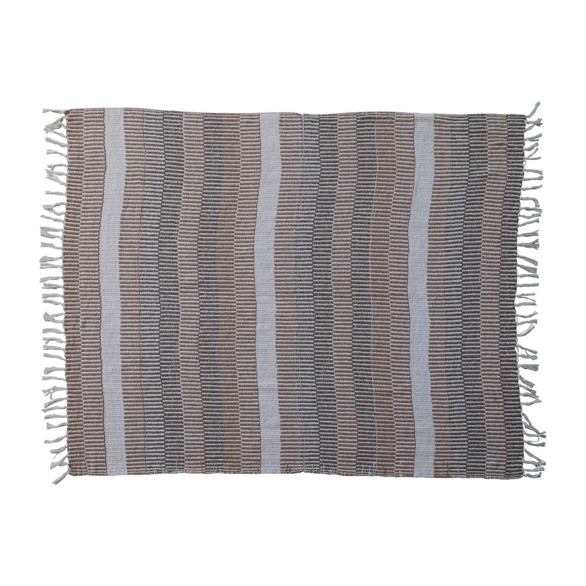 Dark Recycled Cotton Blend Throw with Stripes & Fringe