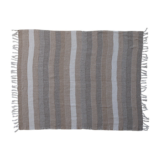 Dark Recycled Cotton Blend Throw with Stripes & Fringe
