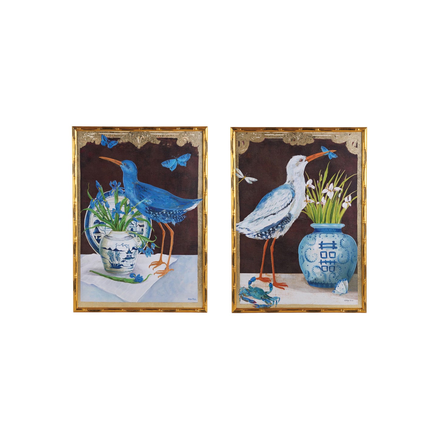 Wood Faux Bamboo Framed Canvas Wall Art w/ Bird & Urn Image & Gold Foil