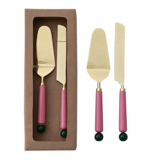 Stainless Steel Cake Servers with Resin Handles, Gold Finish, Boxed Set of 2