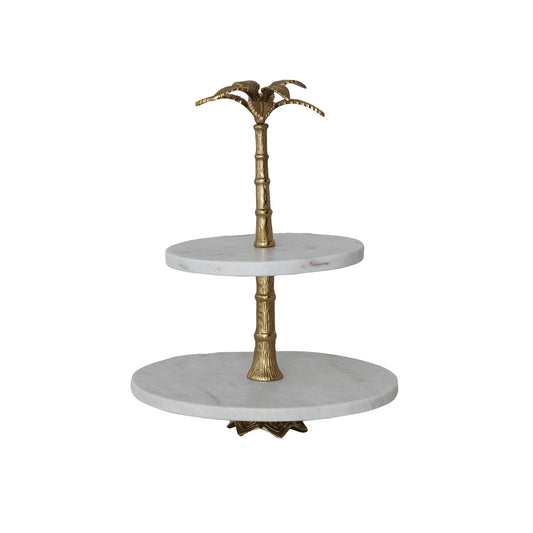 Marble 2-Tier Tray with Aluminum Palm Tree Shaped Handle, KD
