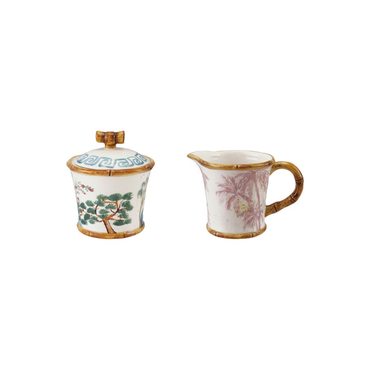 Hand-Painted Stoneware Sugar Pot with Lid & 8 oz. Creamer with Bamboo Style Edges