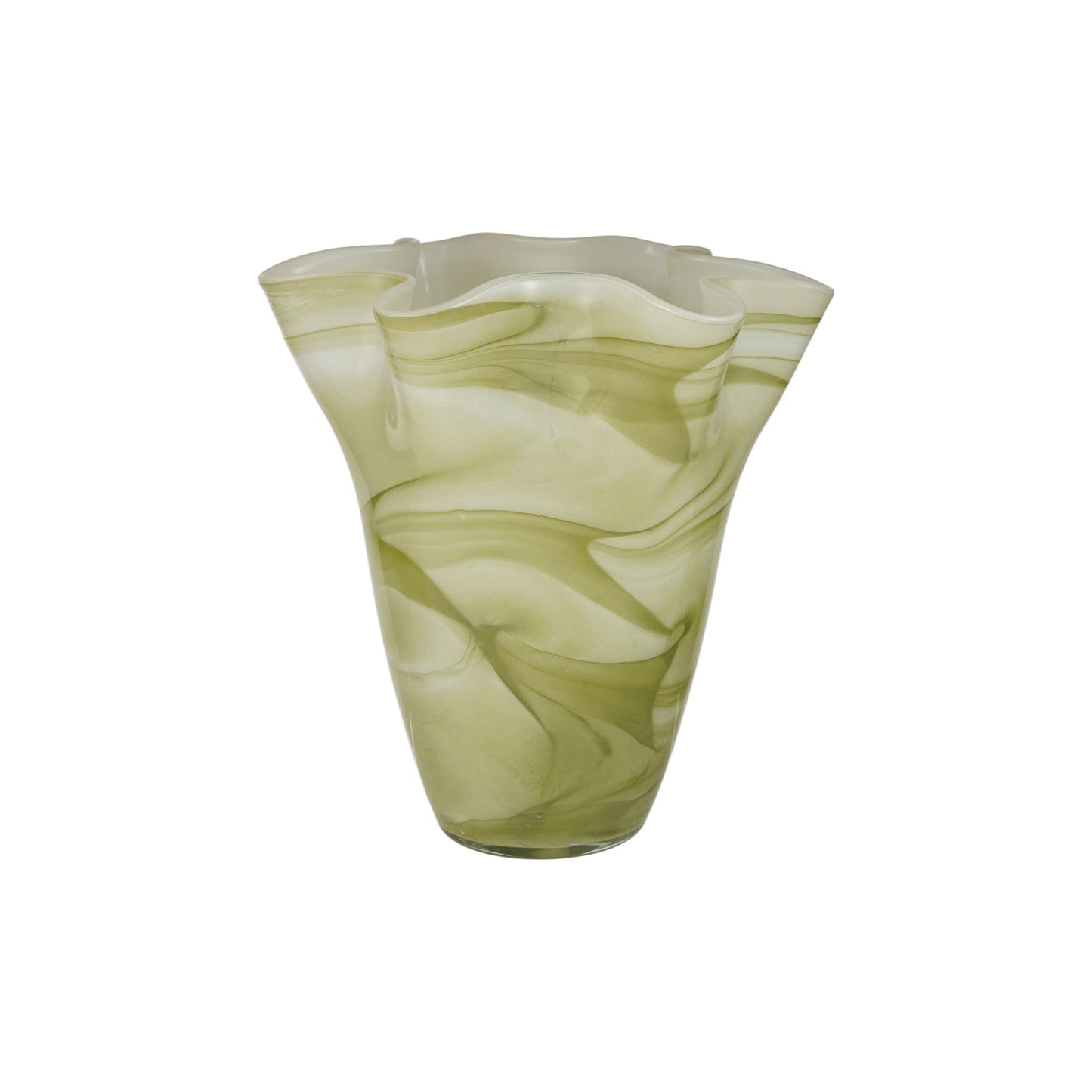 Green and White Hand-Blown Glass Ruffled Vase with Swirled Design