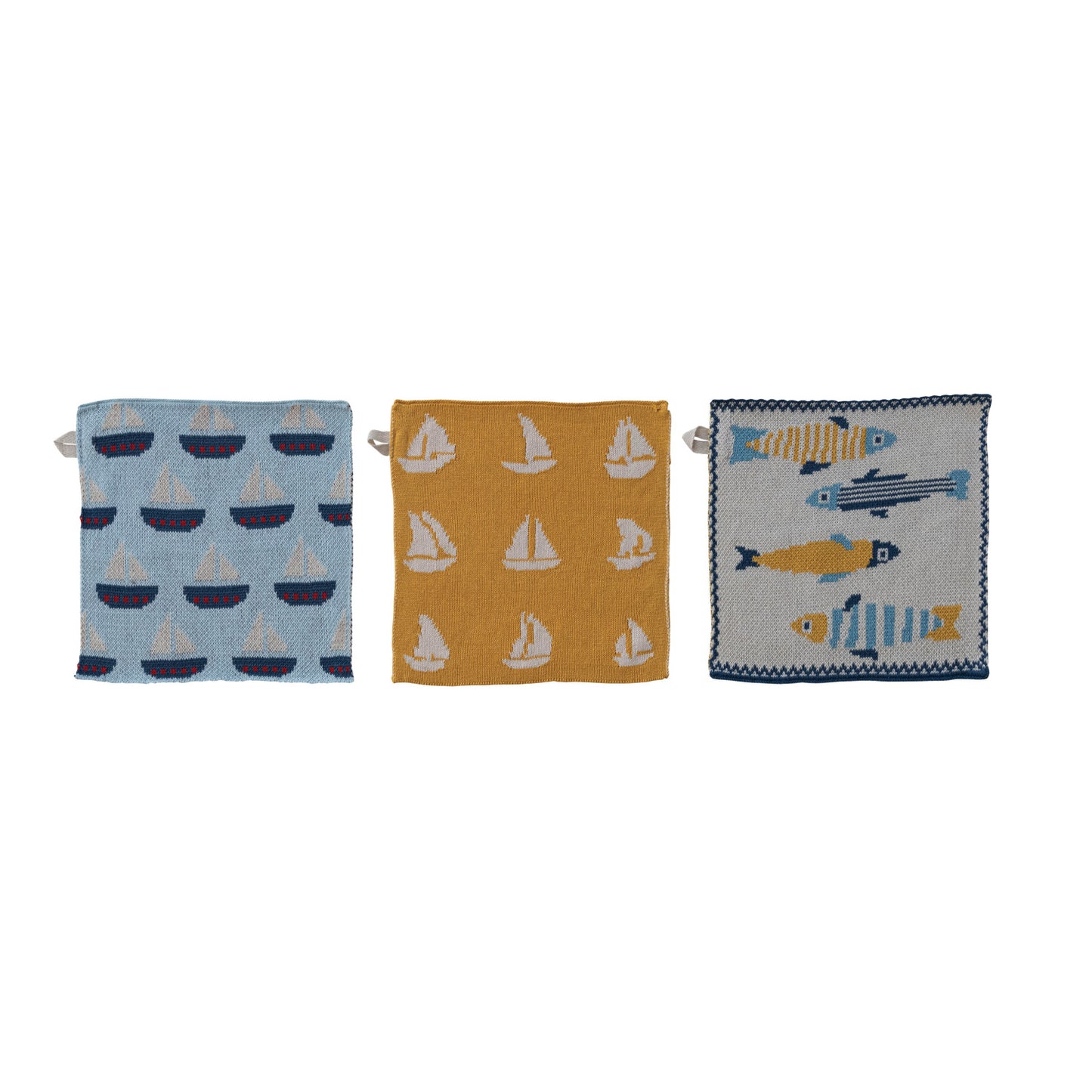 Cotton Knit Dish Cloth with Fish/Boat Pattern