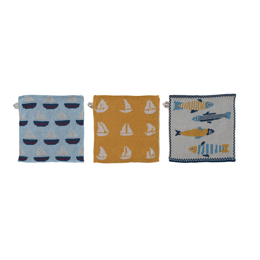 Cotton Knit Dish Cloth with Fish/Boat Pattern