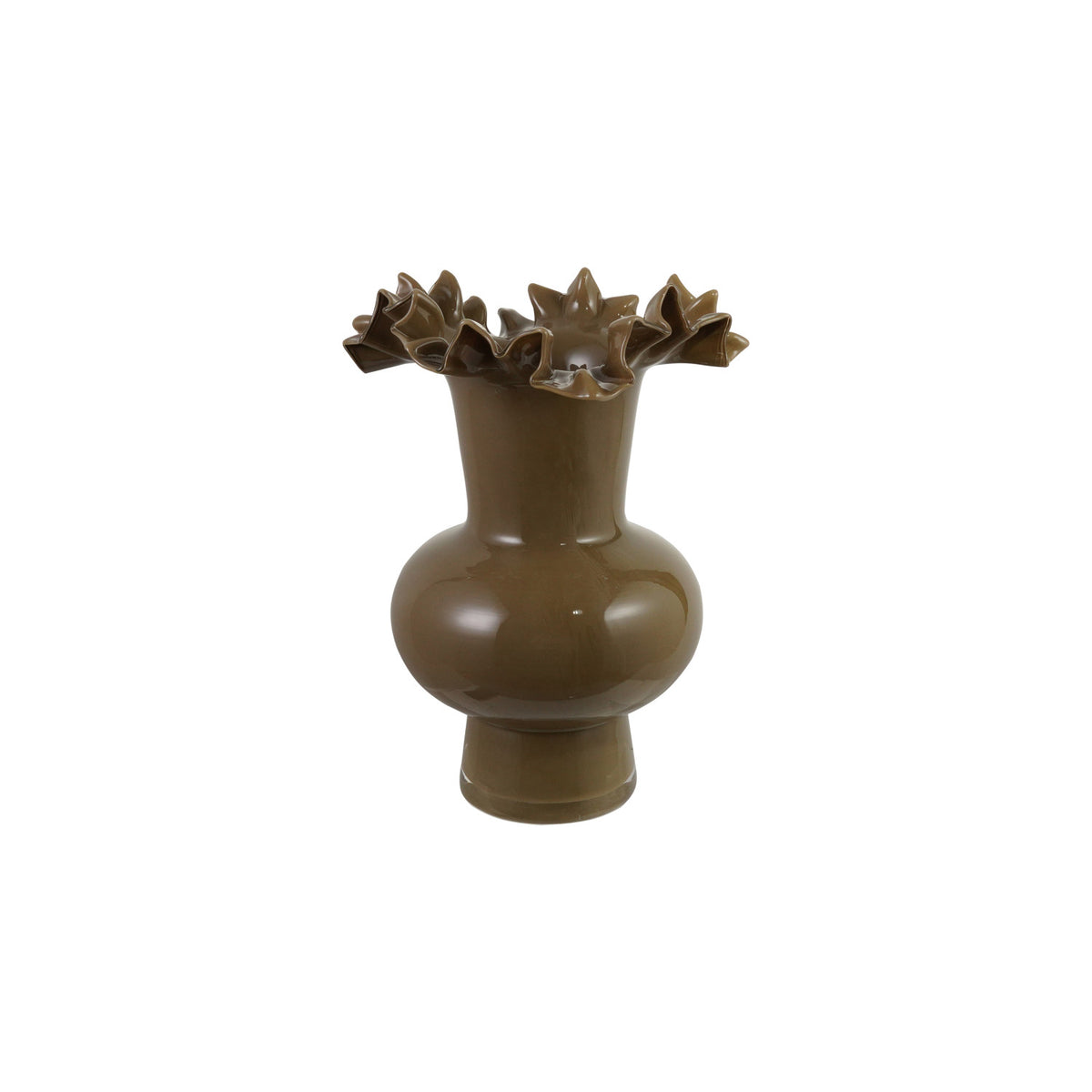 Opaque Taupe Glass Footed Ruffled Vase