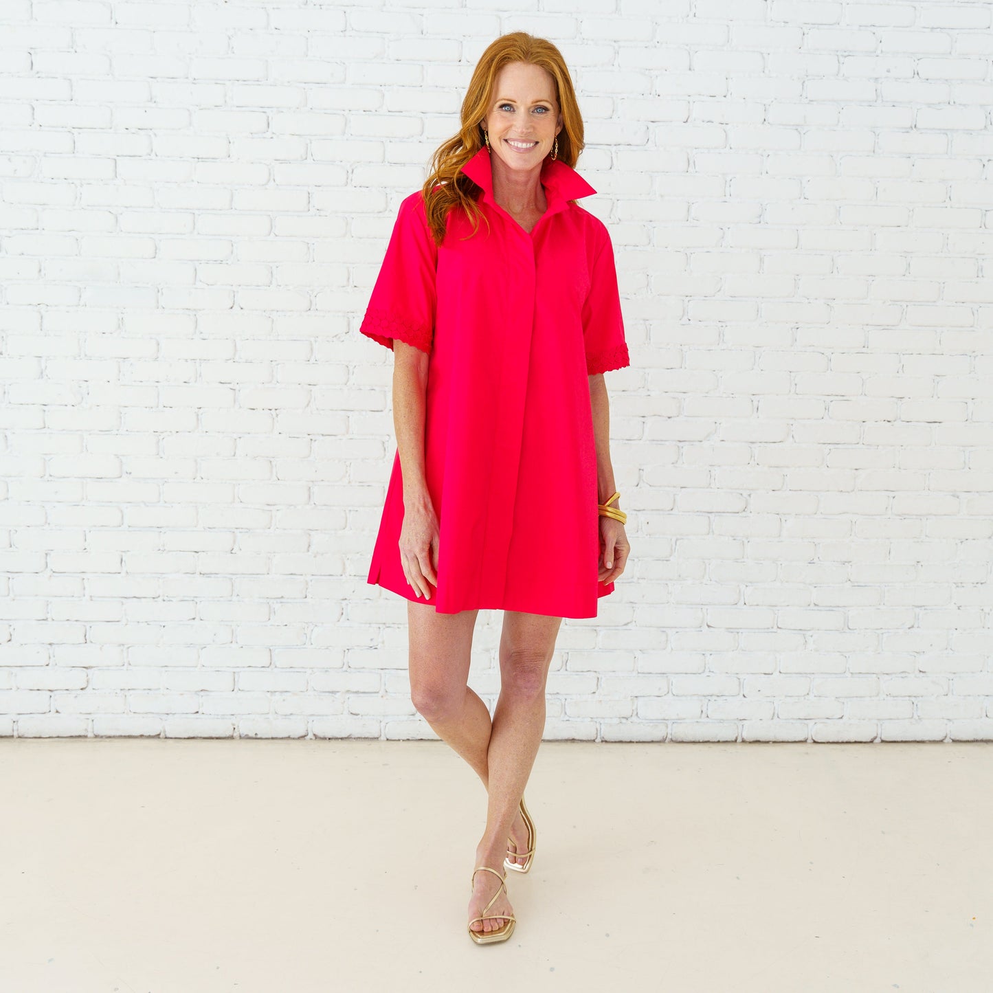 Red Short Sleeve Collar Gameday Dress with Sleeve Detail