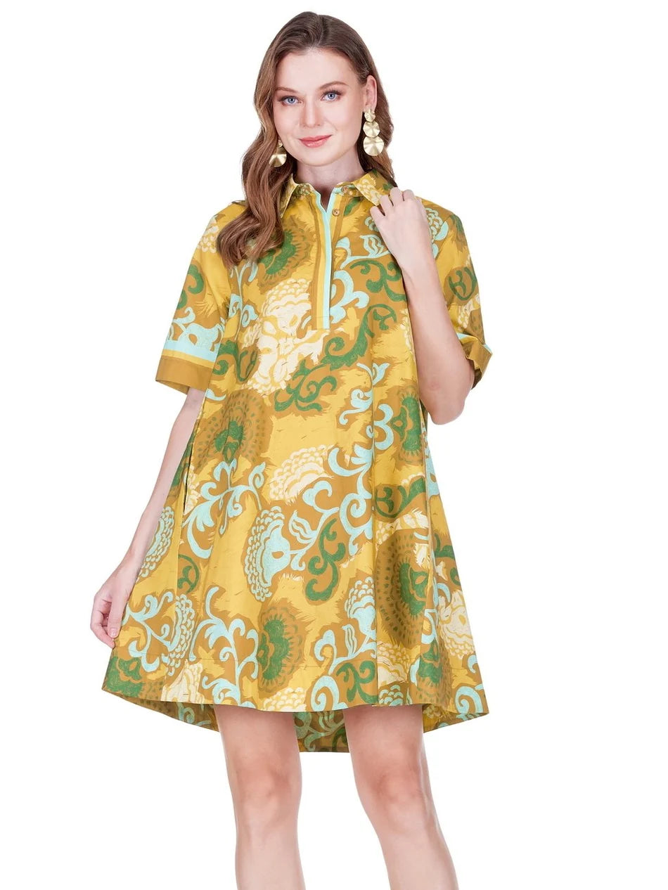 Saffron Scroll Placket Swing Dress