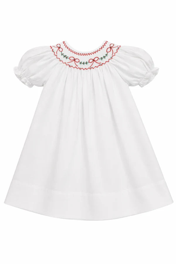 BOW EMB WHITE PLEATED SMOCK DRESS