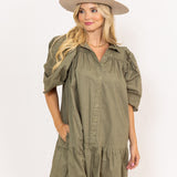 Olive Drop Waist Puff Sleeve Dress