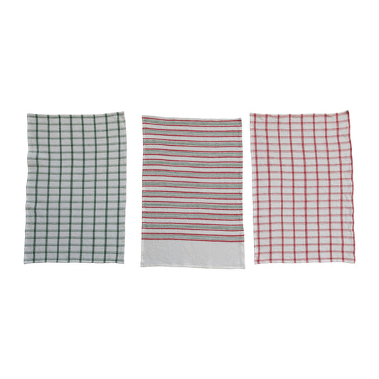 28"L x 18"W Cotton Waffle Weave Tea Towel w/ Stripes/Grid Pattern, 3 Styles