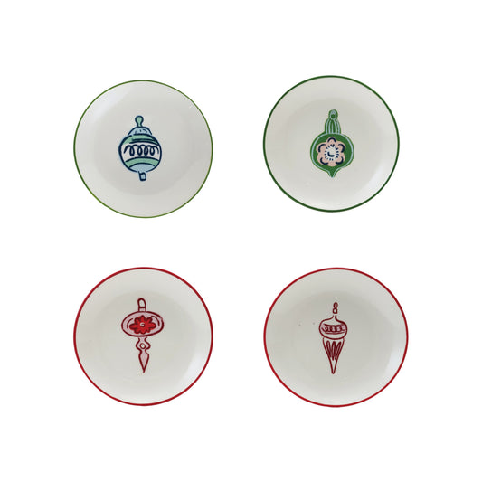 Stoneware Plate with Wax Relief Ornament & Colored Rim, 4 Styles ©