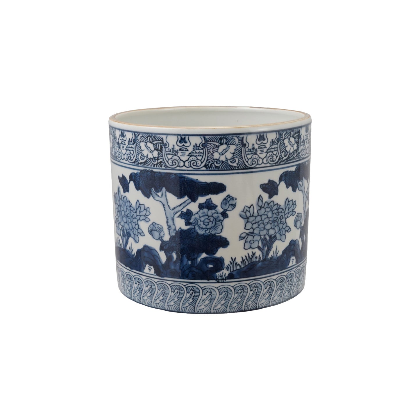 Stoneware Planter with Patterned Borders & Botanicals, White & Blue