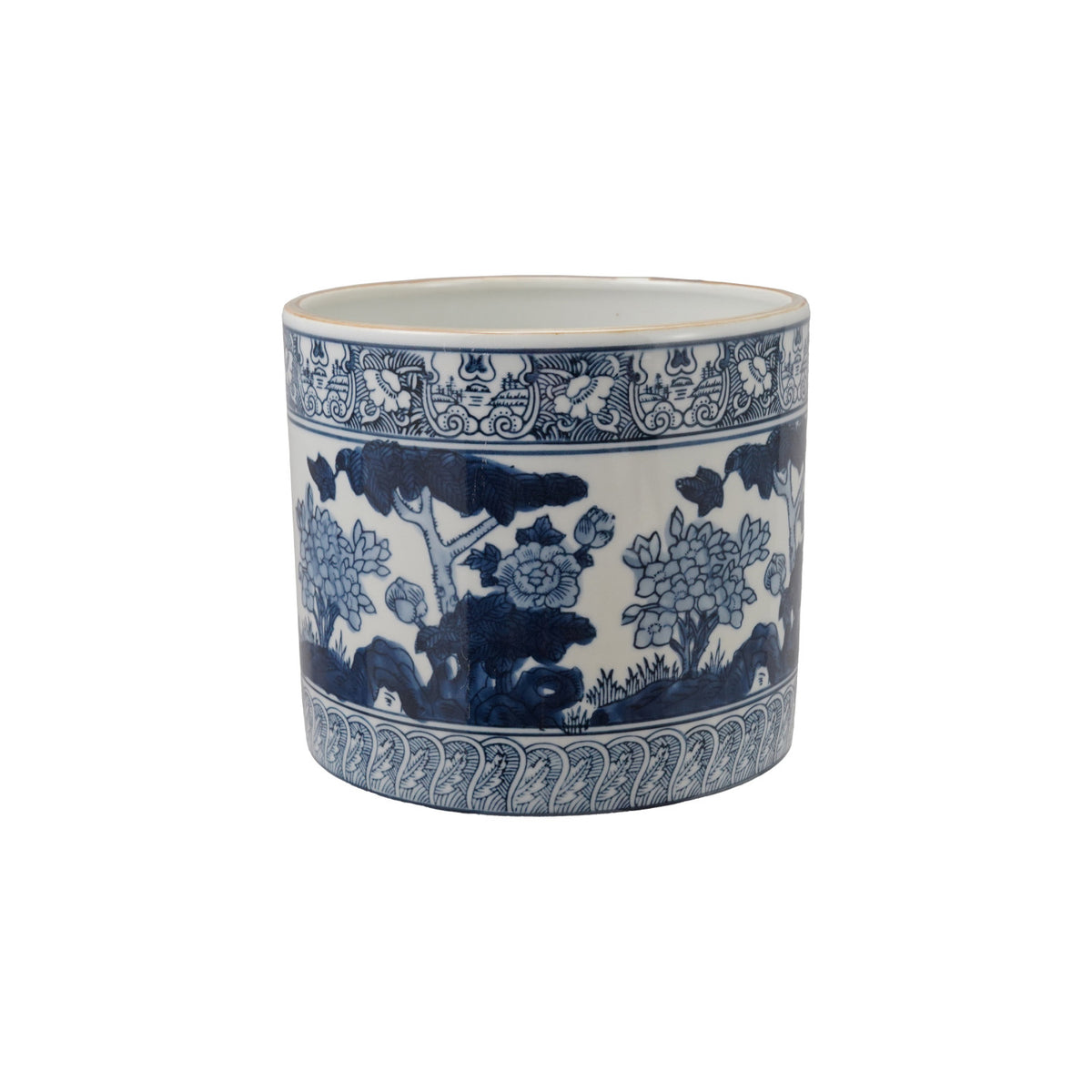 Stoneware Planter with Patterned Borders & Botanicals, White & Blue