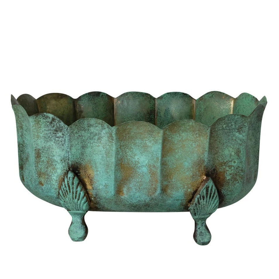 Large Metal Scalloped Footed Planter Green Patina