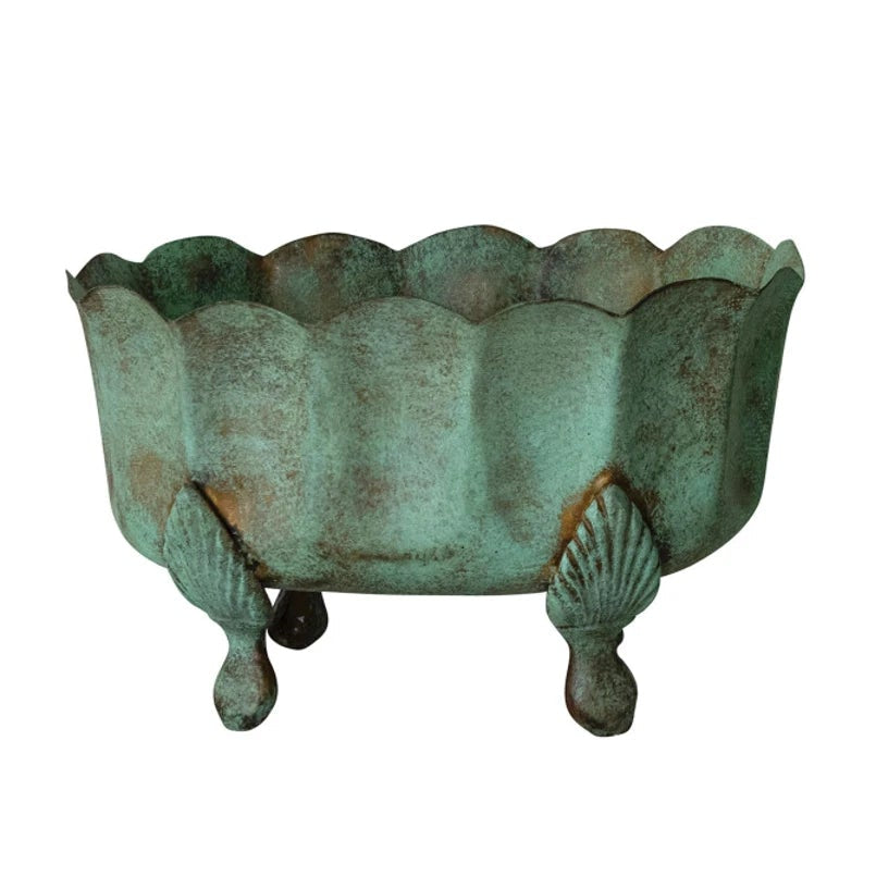 Small Metal Scalloped Footed Planter Green Patina