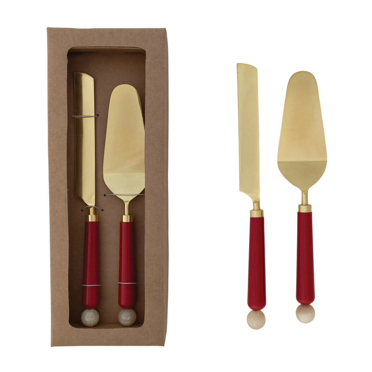 Stainless Steel Cake Servers with Marbled Resin Handles Red/White